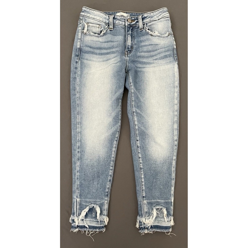 KanCan Distressed Raw Hem Mid Rise Skinny Cropped Jeans Womens 27 Light Wash